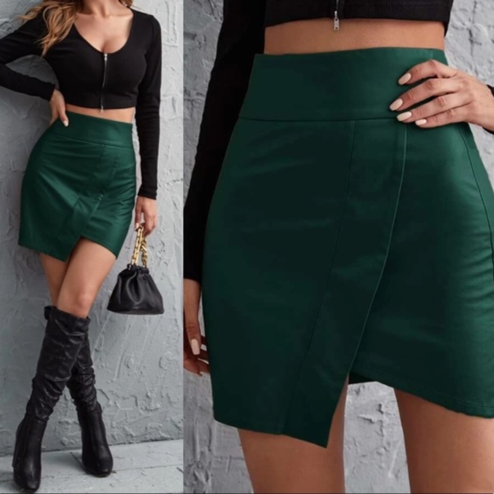 Red Asymmetrical Wide Waist Vegan Leather Bodycon Skirt - Picture 9 of 12
